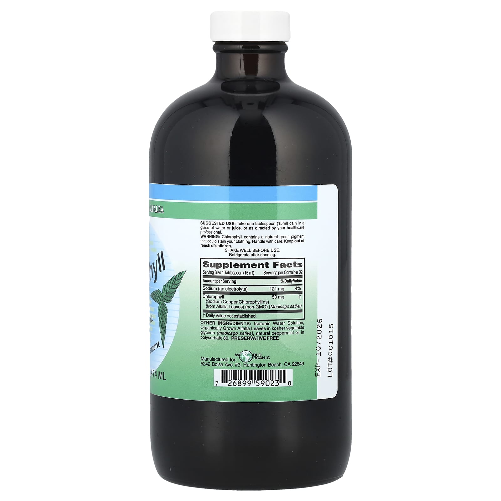 World Organic, Liquid Chlorophyll, Natural Mint, 50 mg, 16 fl oz (474 ml) - Image 2