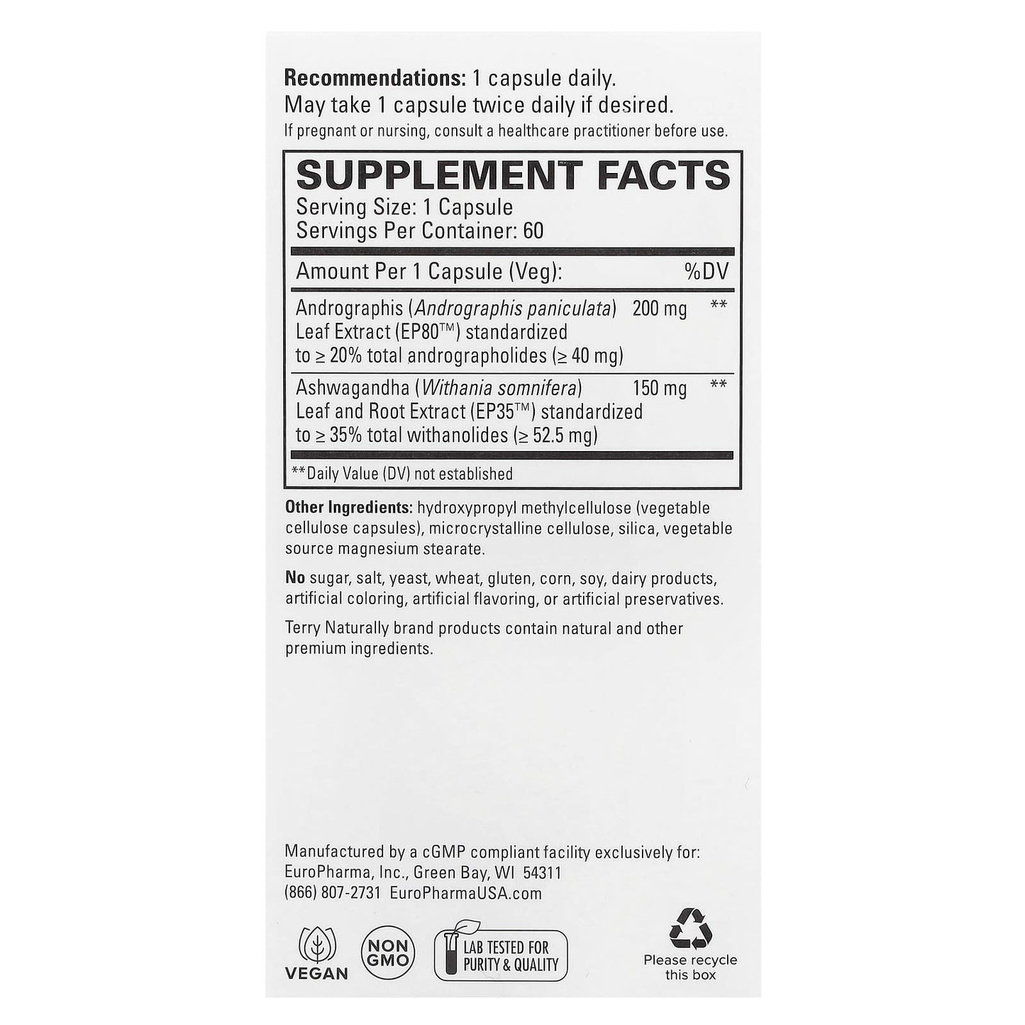 Terry Naturally, Andrographis and Ashwagandha, 60 Capsules - Image 2