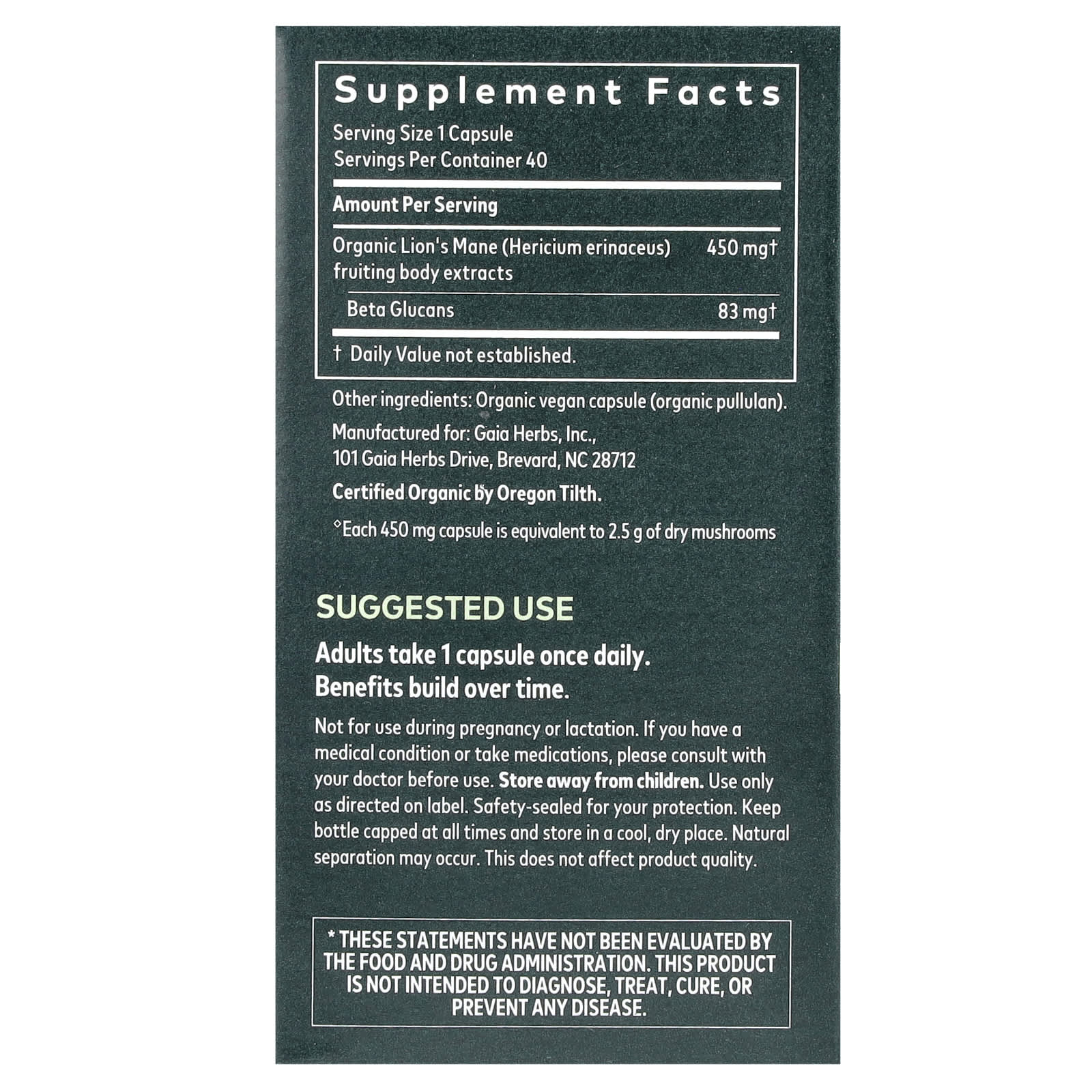 Lion's Mane Mushroom Brain Support Supplement by Gaia Herbs, 40 Capsules - Image 2