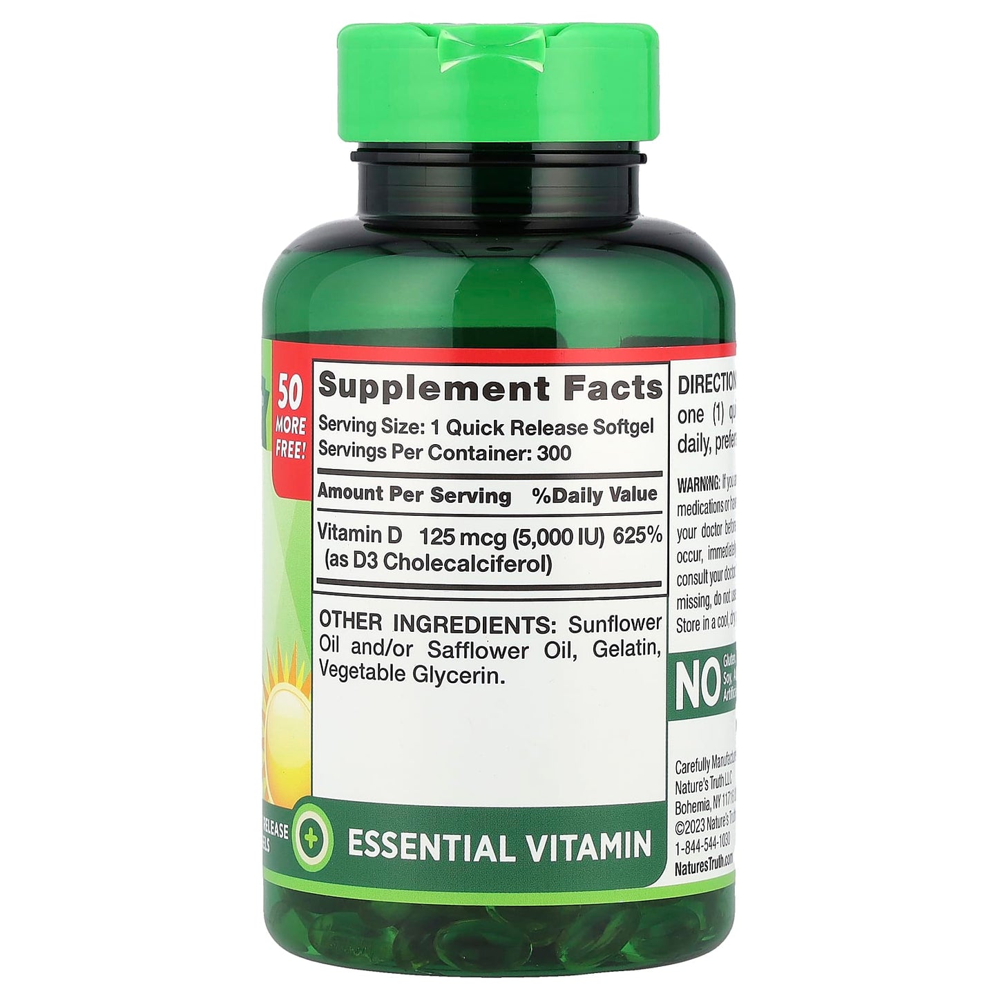 Nature's Truth, High Potency Vitamin D3, 125 mcg (5000 IU), 300 Quick Release Softgels - Image 2