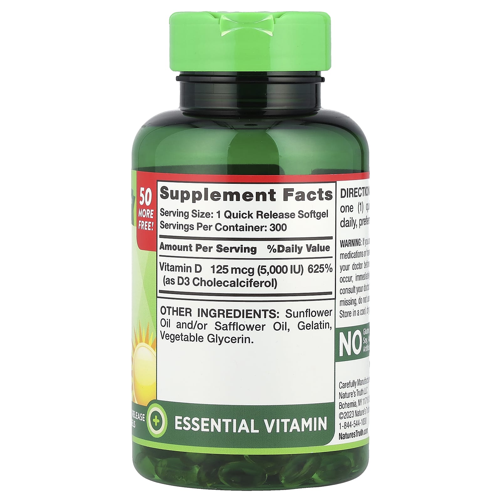 Nature's Truth, High Potency Vitamin D3, 125 mcg (5000 IU), 300 Quick Release Softgels - Image 2
