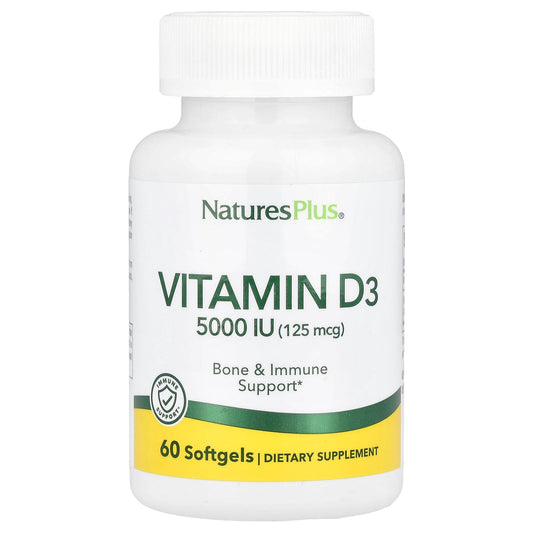 NaturesPlus, Vitamin D3, 125 mcg (5,000 IU), 60 Softgels - Image 1