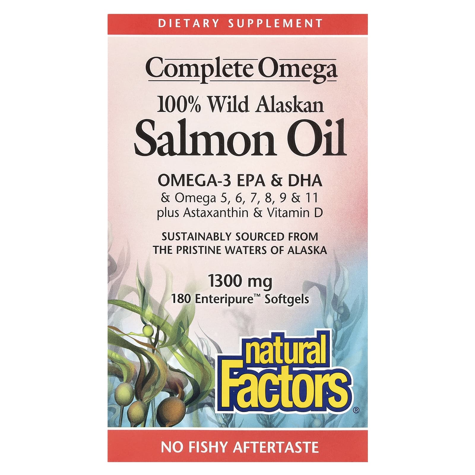 Natural Factors, Complete Omega, 100% Wild Alaskan Salmon Oil, 1,300 mg, 180 Enteripure Softgels - Image 1