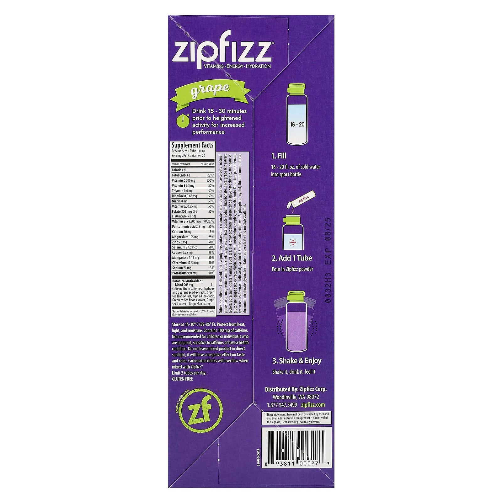 Zipfizz, Energy Drink Mix, Grape, 20 Tubes, 0.39 oz (11 g) Each - Image 2