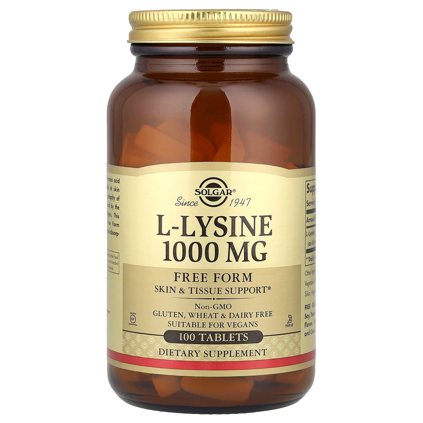 Solgar, L-Lysine, Free Form, 1,000 mg, 100 Tablets - Image 1
