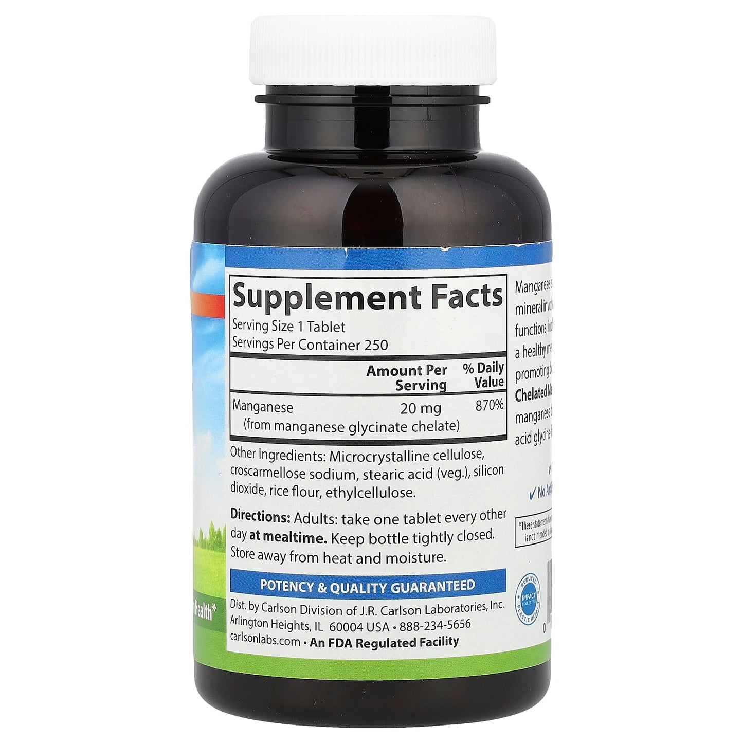 Carlson Premium Chelated Manganese 20mg, 250 Tablets - Gluten Free - Image 2