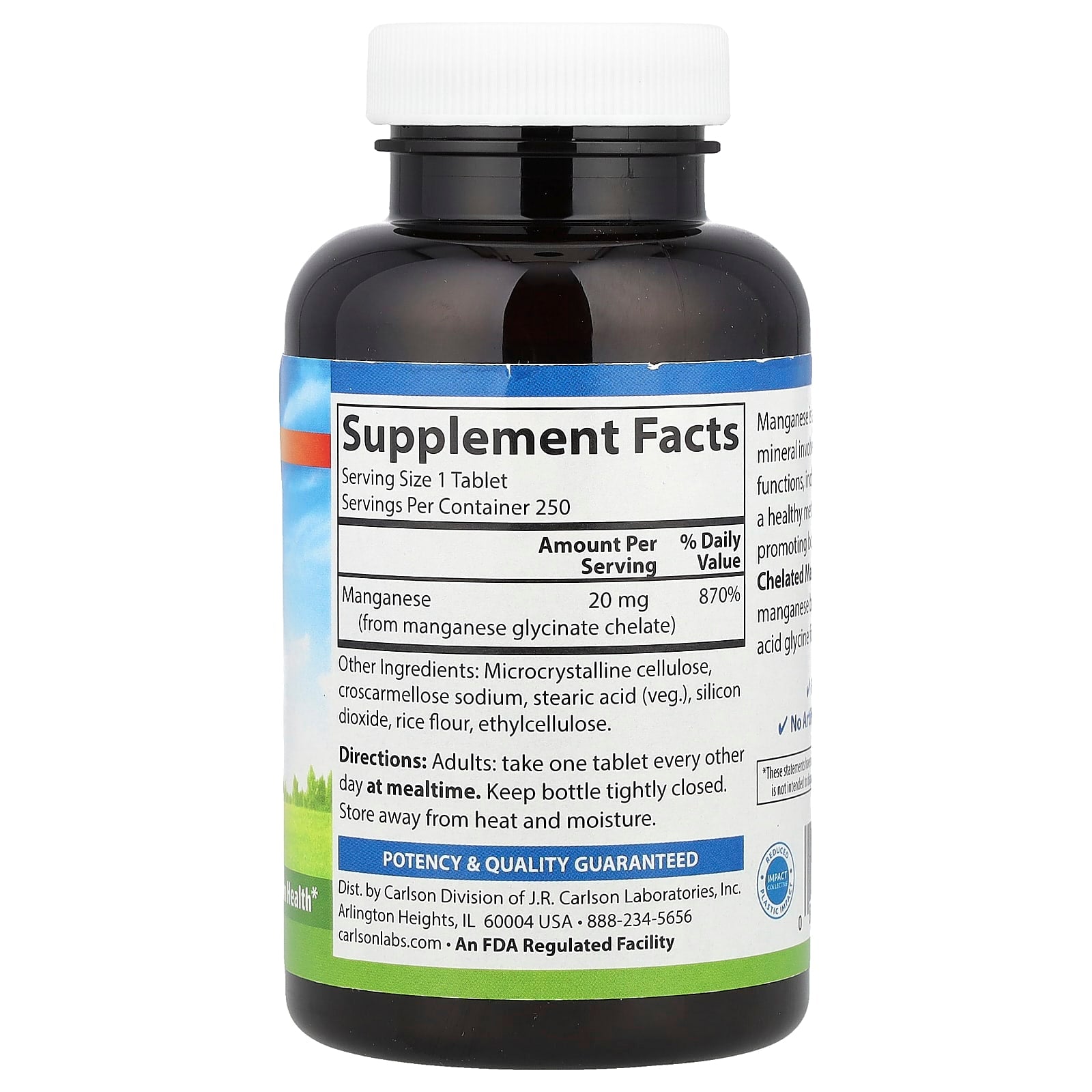 Carlson Premium Chelated Manganese 20mg, 250 Tablets - Gluten Free - Image 2
