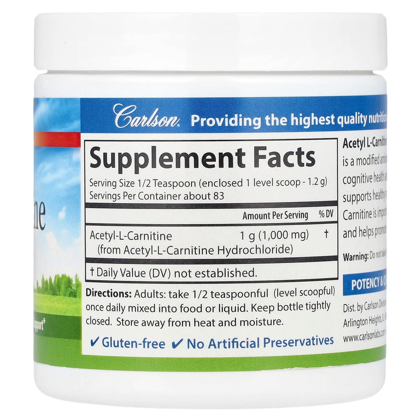 Carlson Acetyl L-Carnitine Powder 100g for Cognitive Health & Brain Function - Image 2