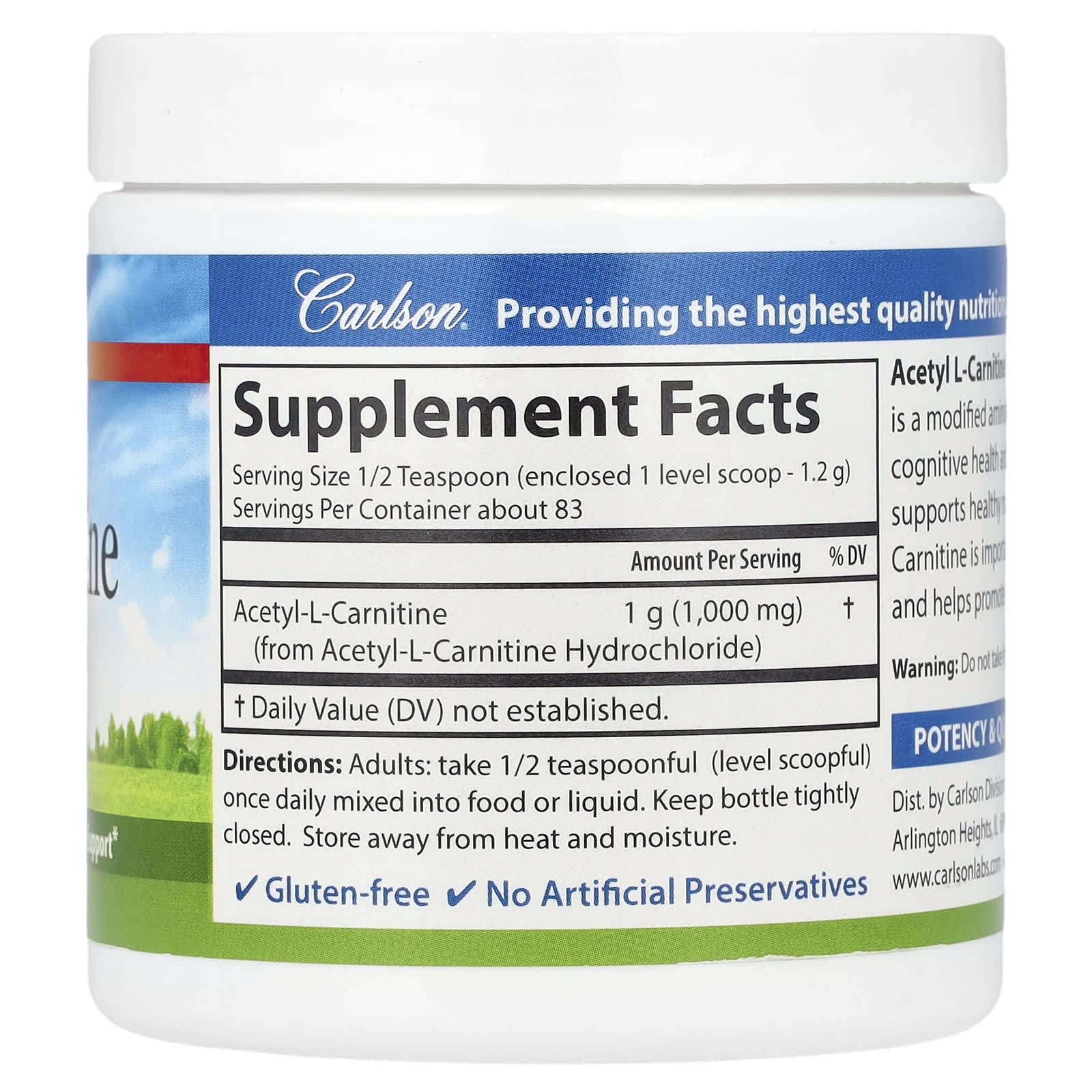 Carlson Acetyl L-Carnitine Powder 100g for Cognitive Health & Brain Function - Image 2