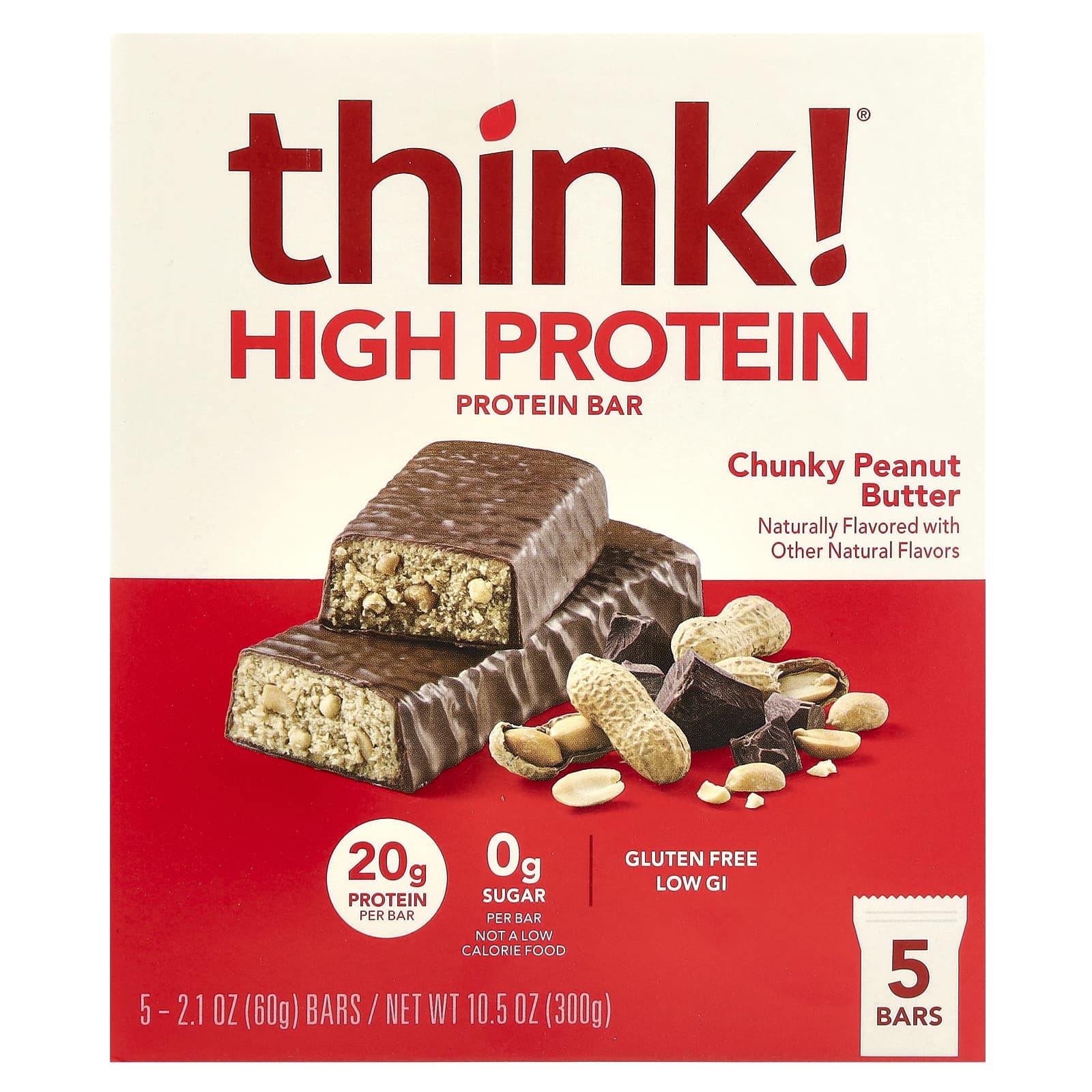 Think !, High Protein Bars, Chunky Peanut Butter, 5 Bars, 2.1 oz (60 g) Each - Image 1