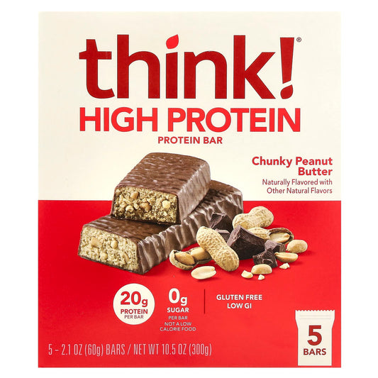Think !, High Protein Bars, Chunky Peanut Butter, 5 Bars, 2.1 oz (60 g) Each - Image 1