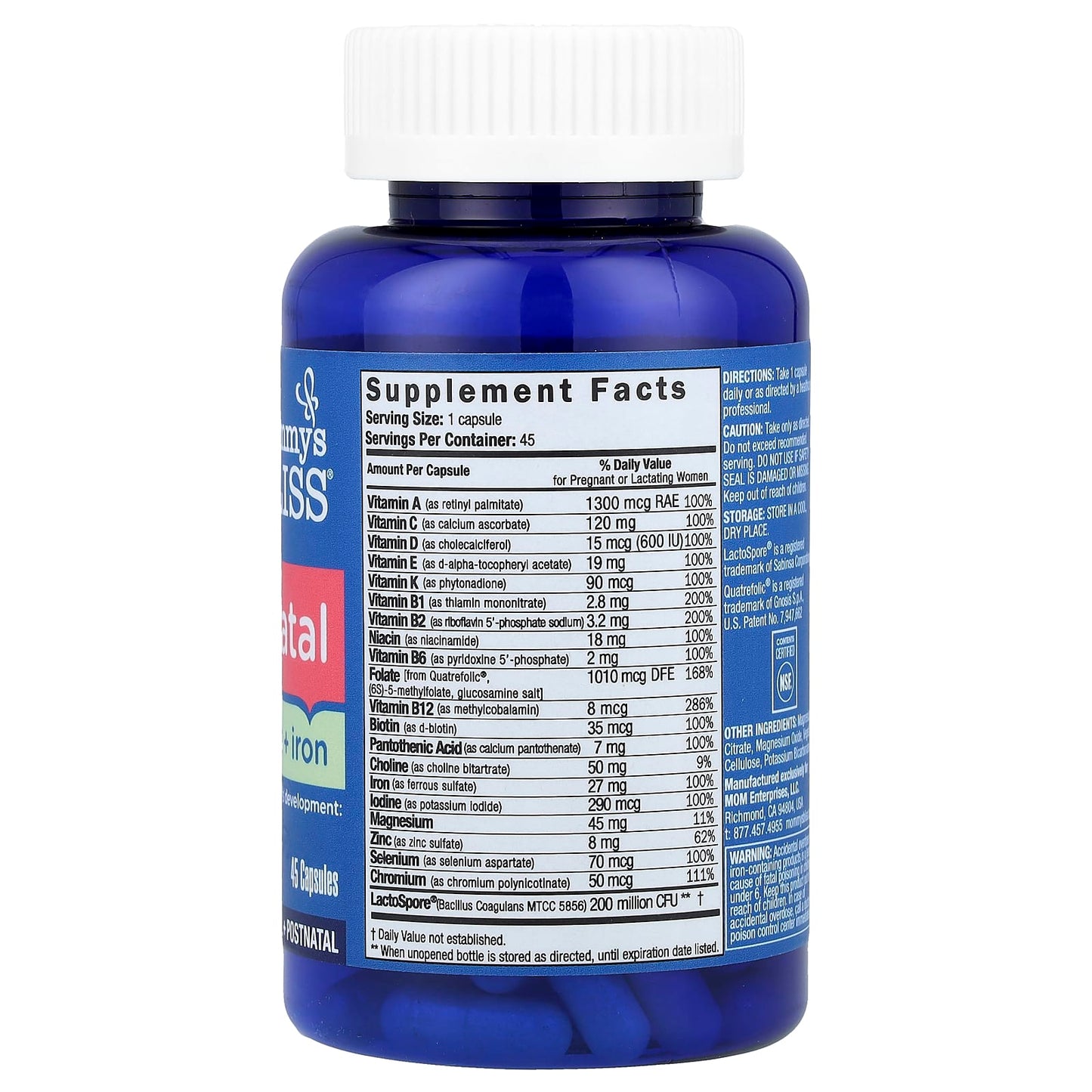 Mommy's Bliss, Prenatal Multivitamin + Iron, 45 Capsules - Image 2