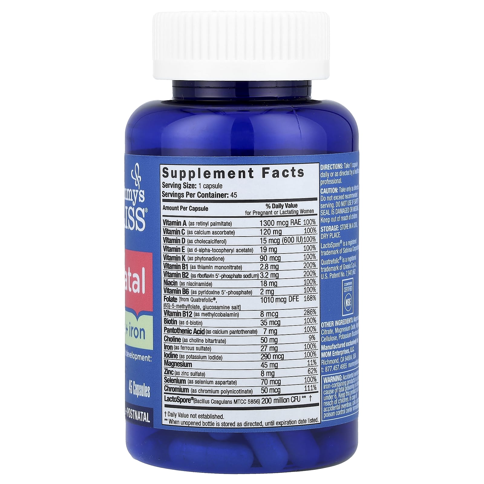 Mommy's Bliss, Prenatal Multivitamin + Iron, 45 Capsules - Image 2