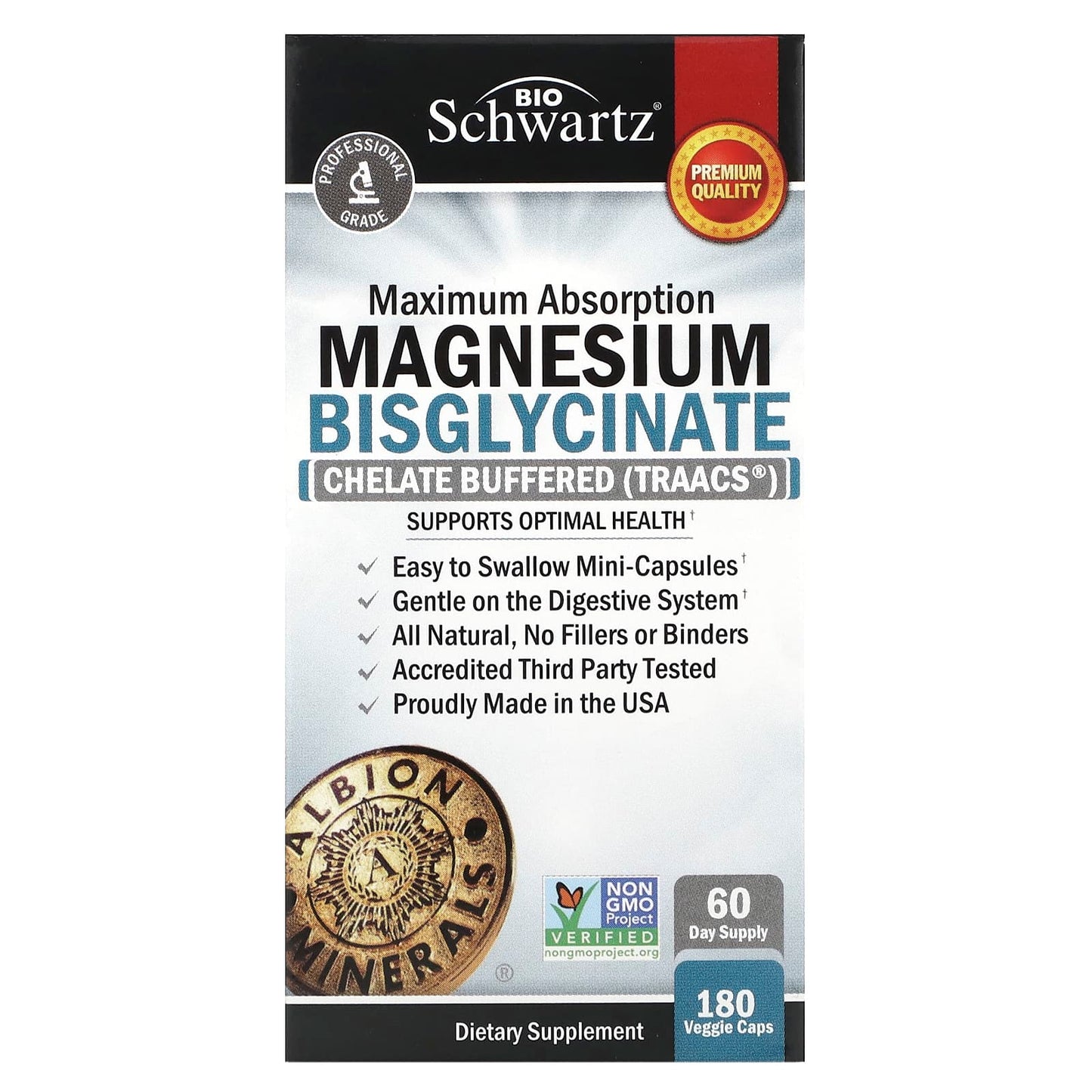 BioSchwartz Maximum Absorption Magnesium Bisglycinate, 180 Veggie Caps - Image 1