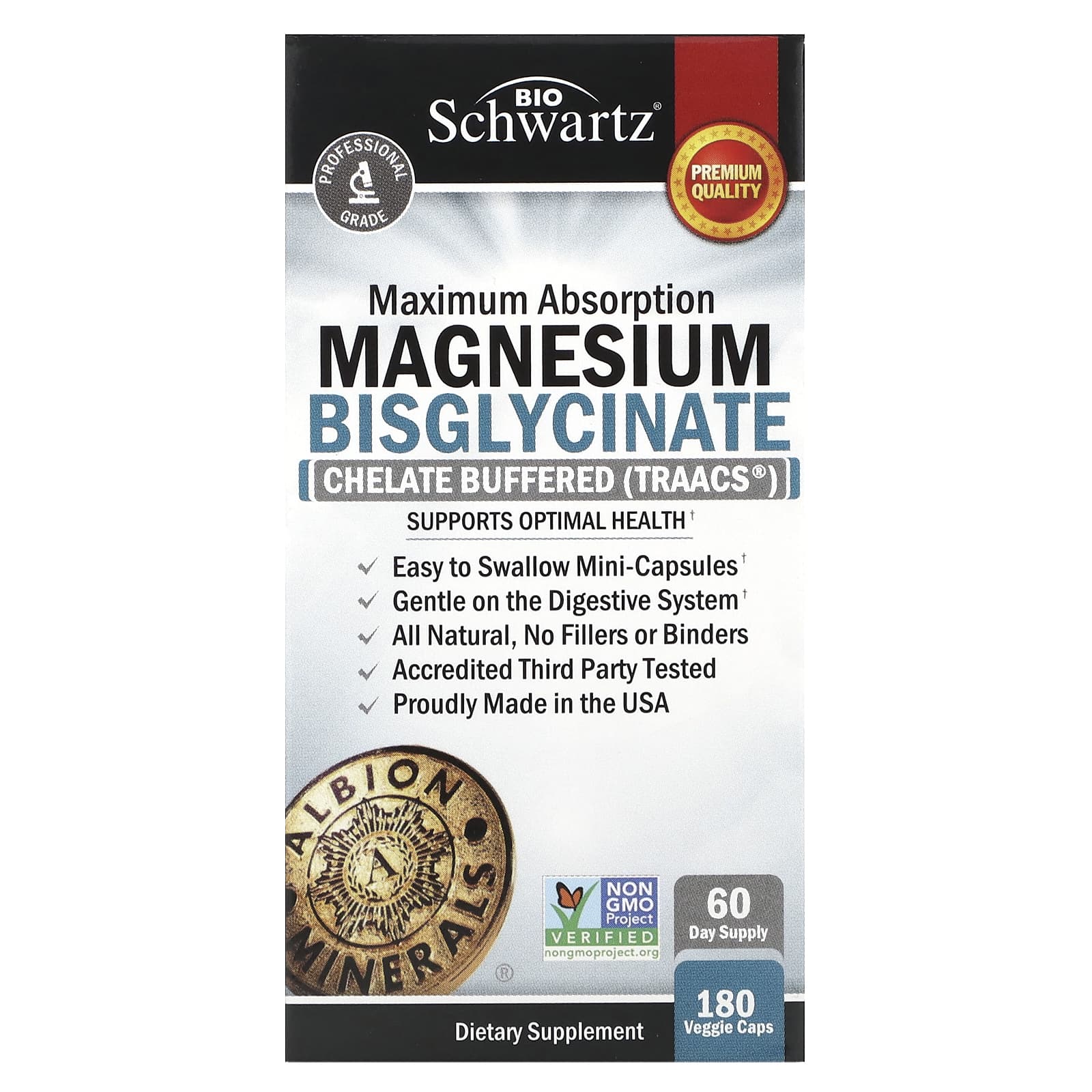 BioSchwartz Maximum Absorption Magnesium Bisglycinate, 180 Veggie Caps - Image 1