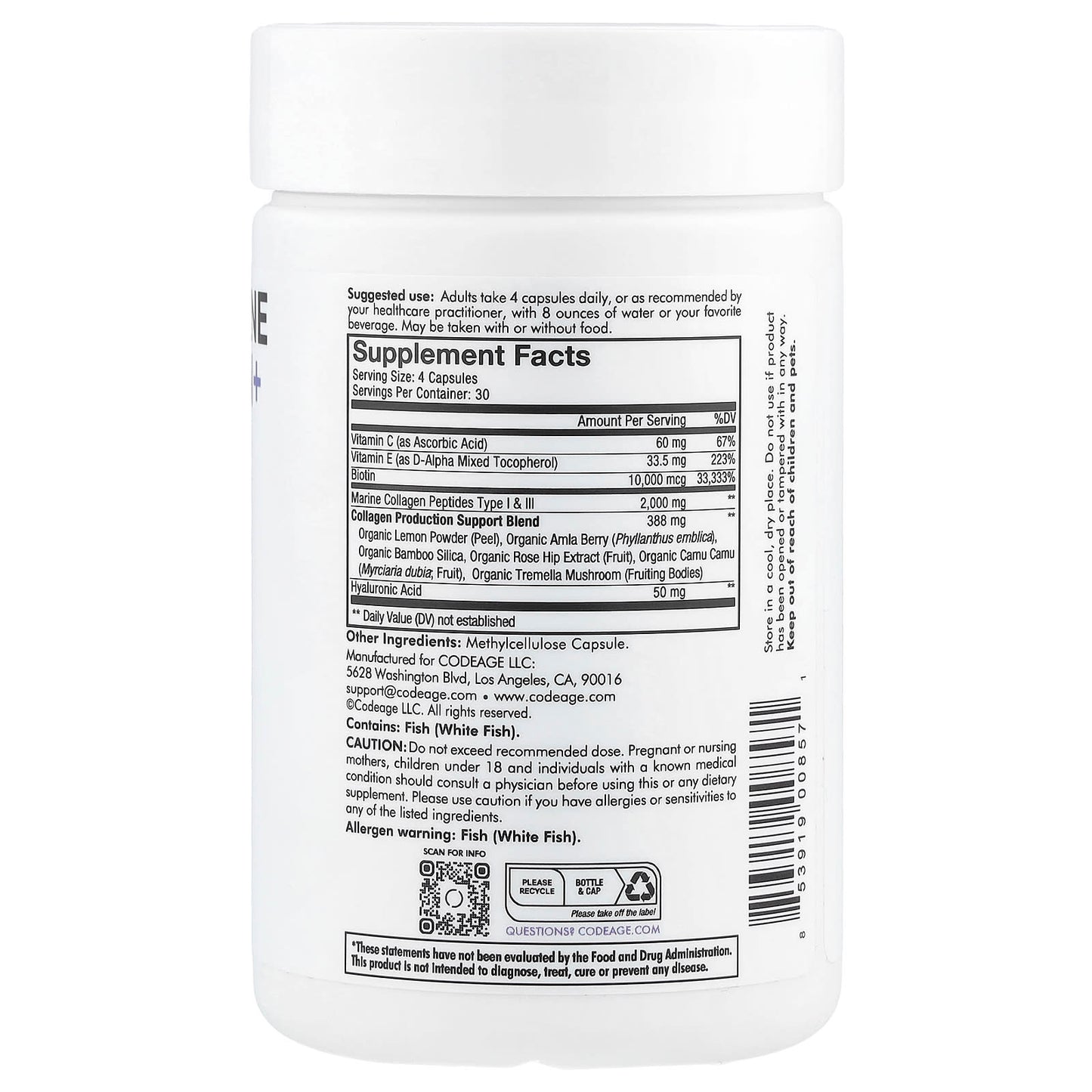 Wild Caught Biotin Marine Collagen+ by CodeAge - 120 Capsules - Image 2