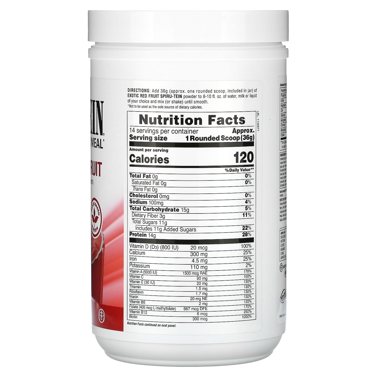 NaturesPlus, Spiru-Tein, Protein Powder Meal, Exotic Red Fruit, 1.1 lbs (504 g) - Image 2