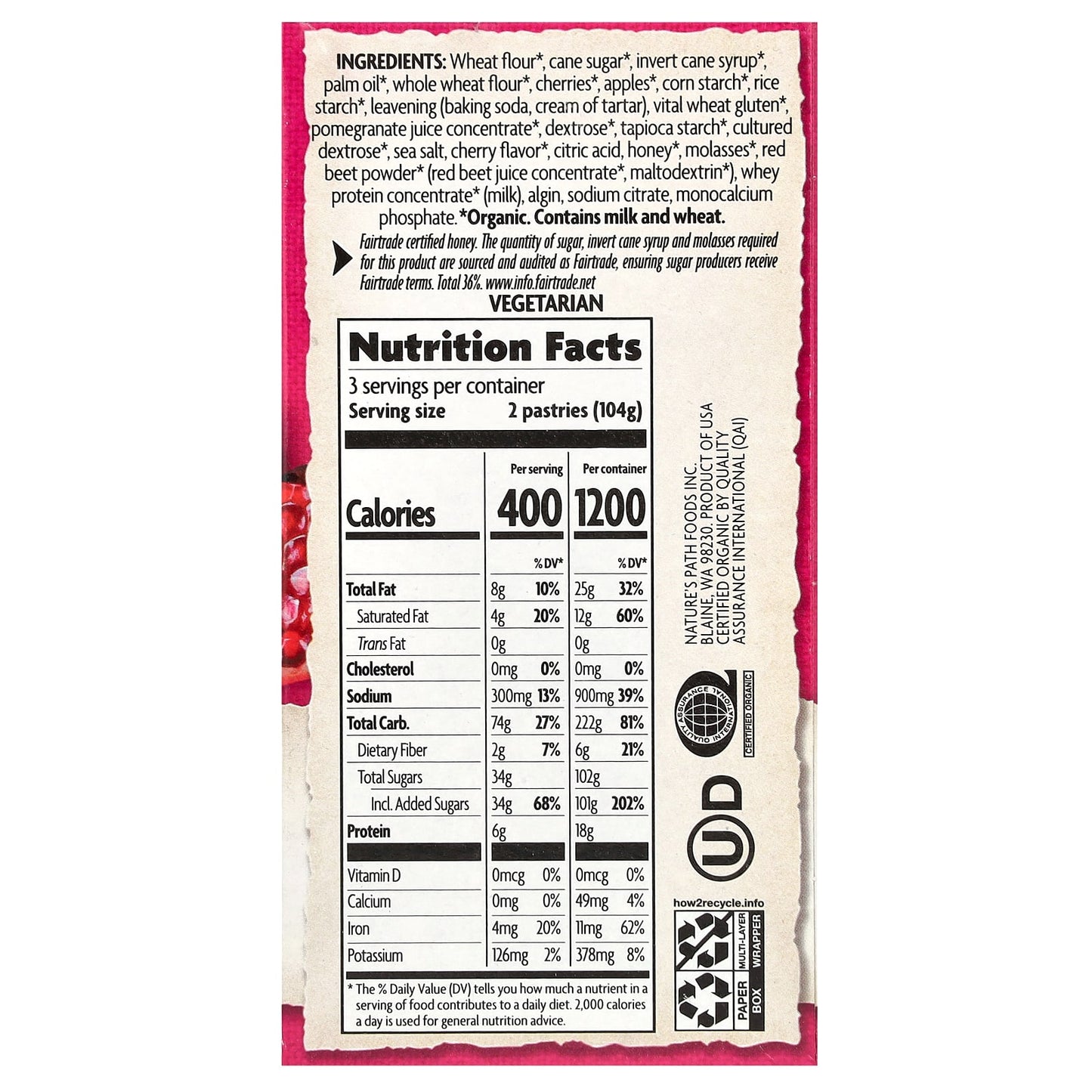 Nature's Path, Organic Flavored Toaster Pastries, Frosted Cherry Pomegranate, 6 Pastries, 11 oz (312 g) - Image 2