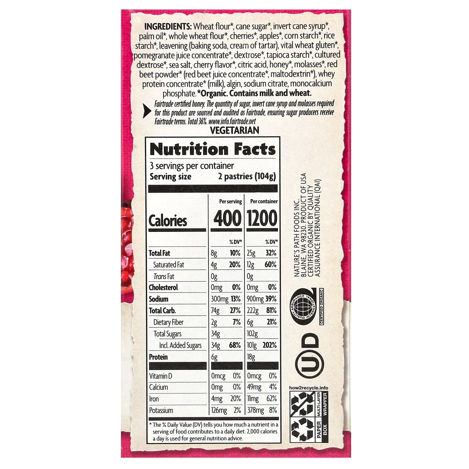 Nature's Path, Organic Flavored Toaster Pastries, Frosted Cherry Pomegranate, 6 Pastries, 11 oz (312 g) - Image 2
