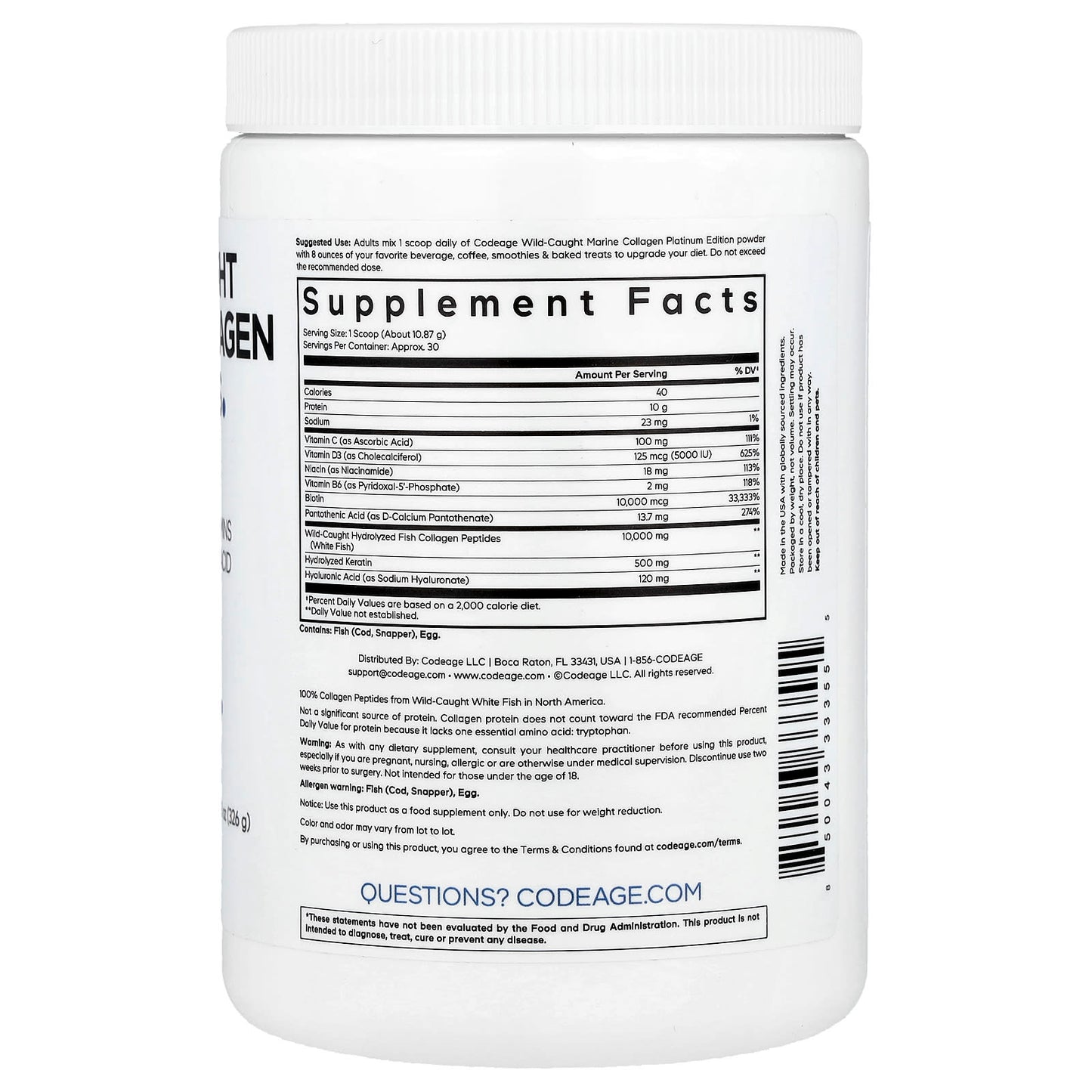 Wild-Caught Marine Collagen Peptides Powder by CodeAge - Unflavored, 326g - Image 2