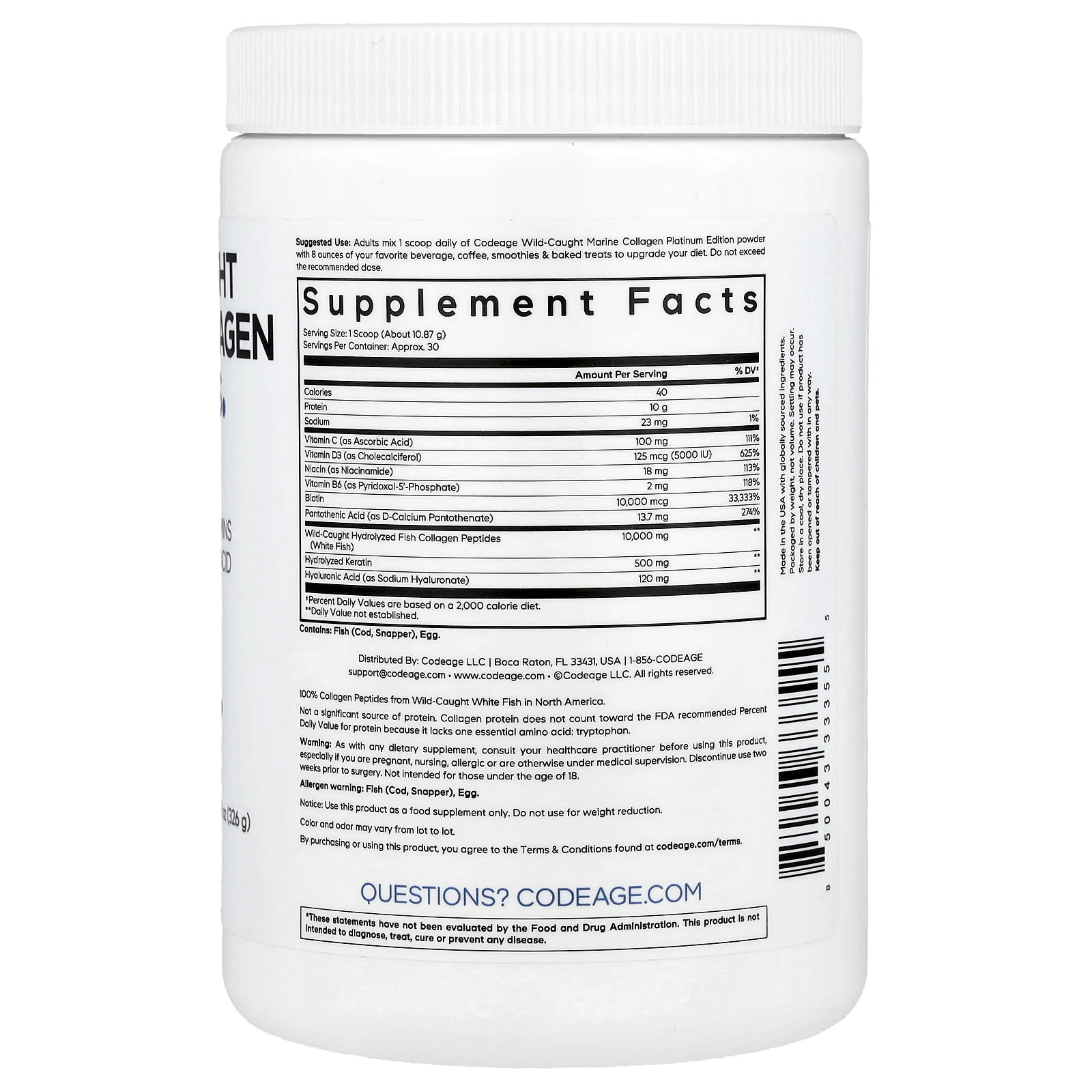 Wild-Caught Marine Collagen Peptides Powder by CodeAge - Unflavored, 326g - Image 2