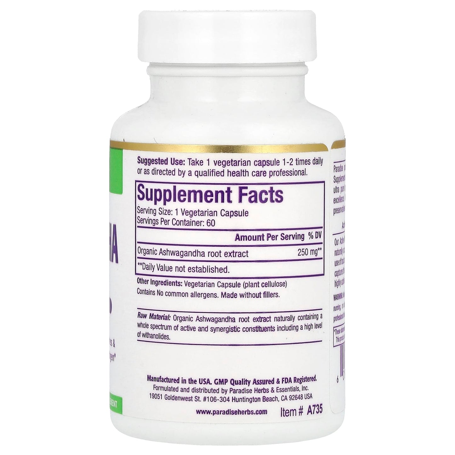 Paradise Herbs, Ashwagandha Extract, 60 Vegetarian Capsules (250 mg per Capsule) - Image 2