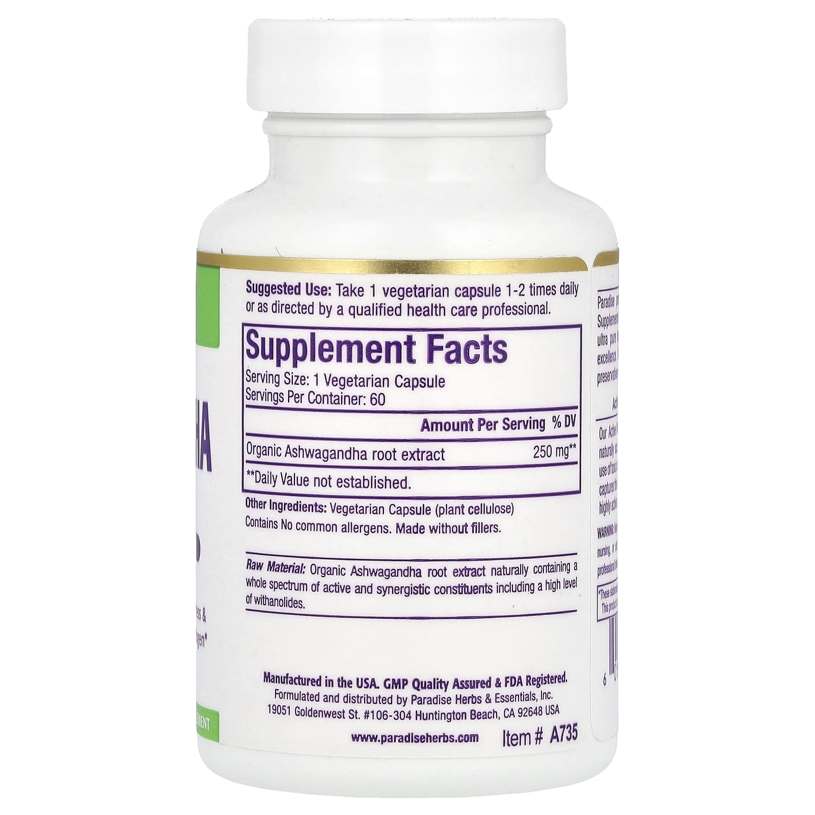Paradise Herbs, Ashwagandha Extract, 60 Vegetarian Capsules (250 mg per Capsule) - Image 2
