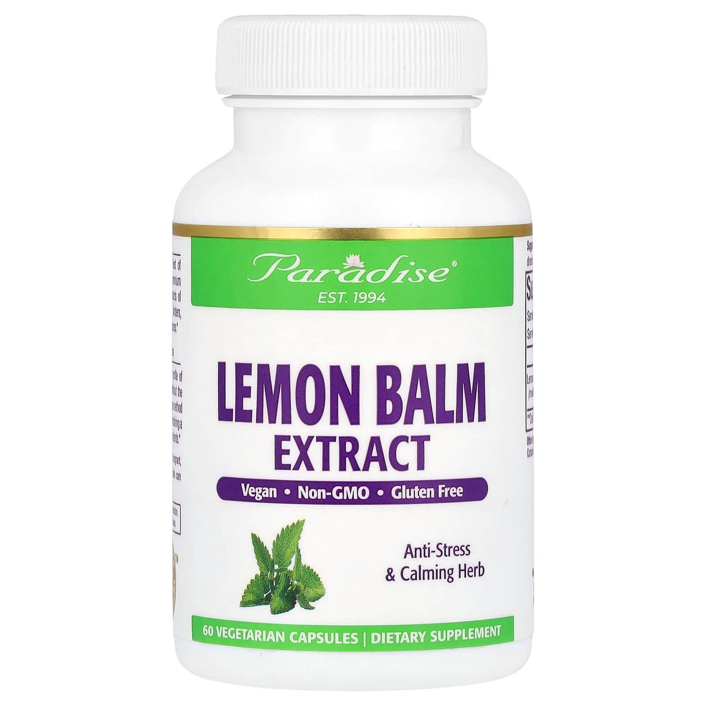 Paradise Herbs, Lemon Balm Extract, 60 Vegetarian Capsules (300 mg per Capsule) - Image 1