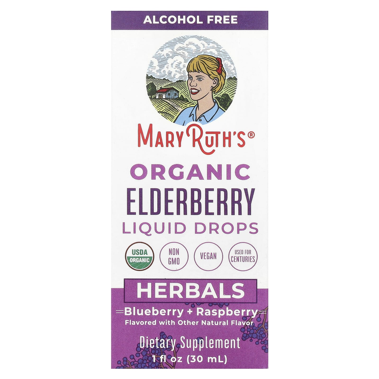 MaryRuth's, Organic Elderberry Liquid Drops, Alcohol Free, Blueberry + Raspberry, 1 fl oz (30 ml) - Image 1