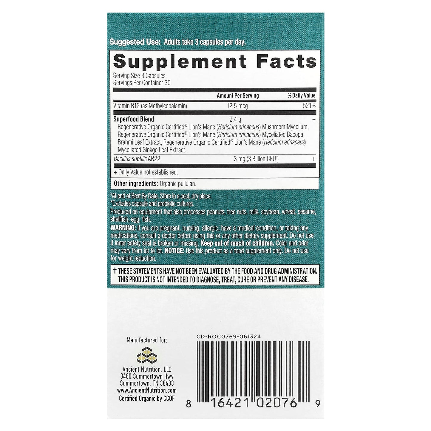 Boost Cognitive Health with Ancient Nutrition Focused Brain 90 Capsules - Image 2