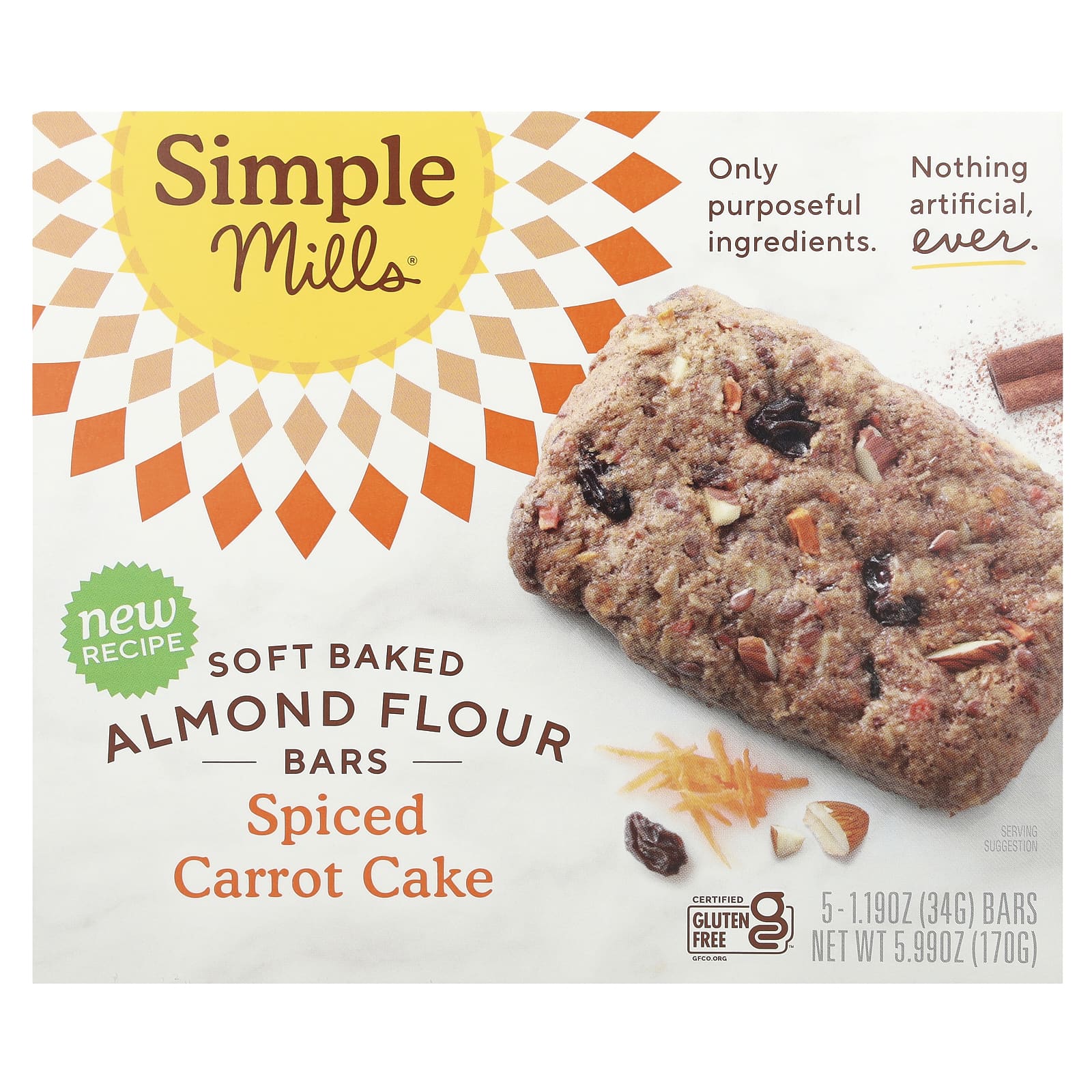 Simple Mills, Soft Baked Almond Flour Bars, Spiced Carrot Cake, 5 Bars, 1.19 oz (34 g) Each - Image 1