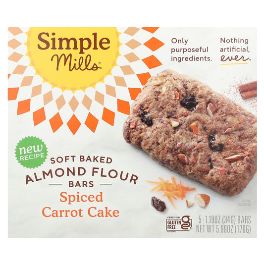 Simple Mills, Soft Baked Almond Flour Bars, Spiced Carrot Cake, 5 Bars, 1.19 oz (34 g) Each - Image 1