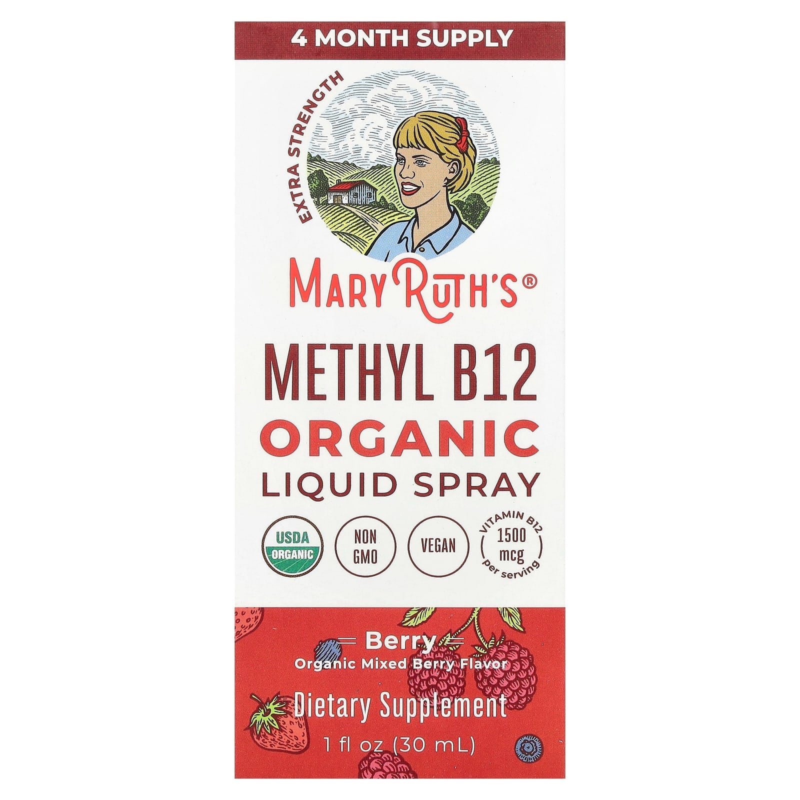 MaryRuth's, Organic Methyl B12 Liquid Spray, Extra Strength, Berry, 1,500 mcg, 1 fl oz (30 ml) - Image 1