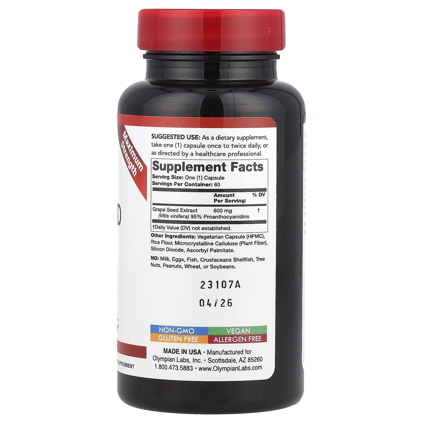 Olympian Labs, Grape Seed Extract, Maximum Strength, 600 mg, 60 Vegetarian Capsules - Image 2