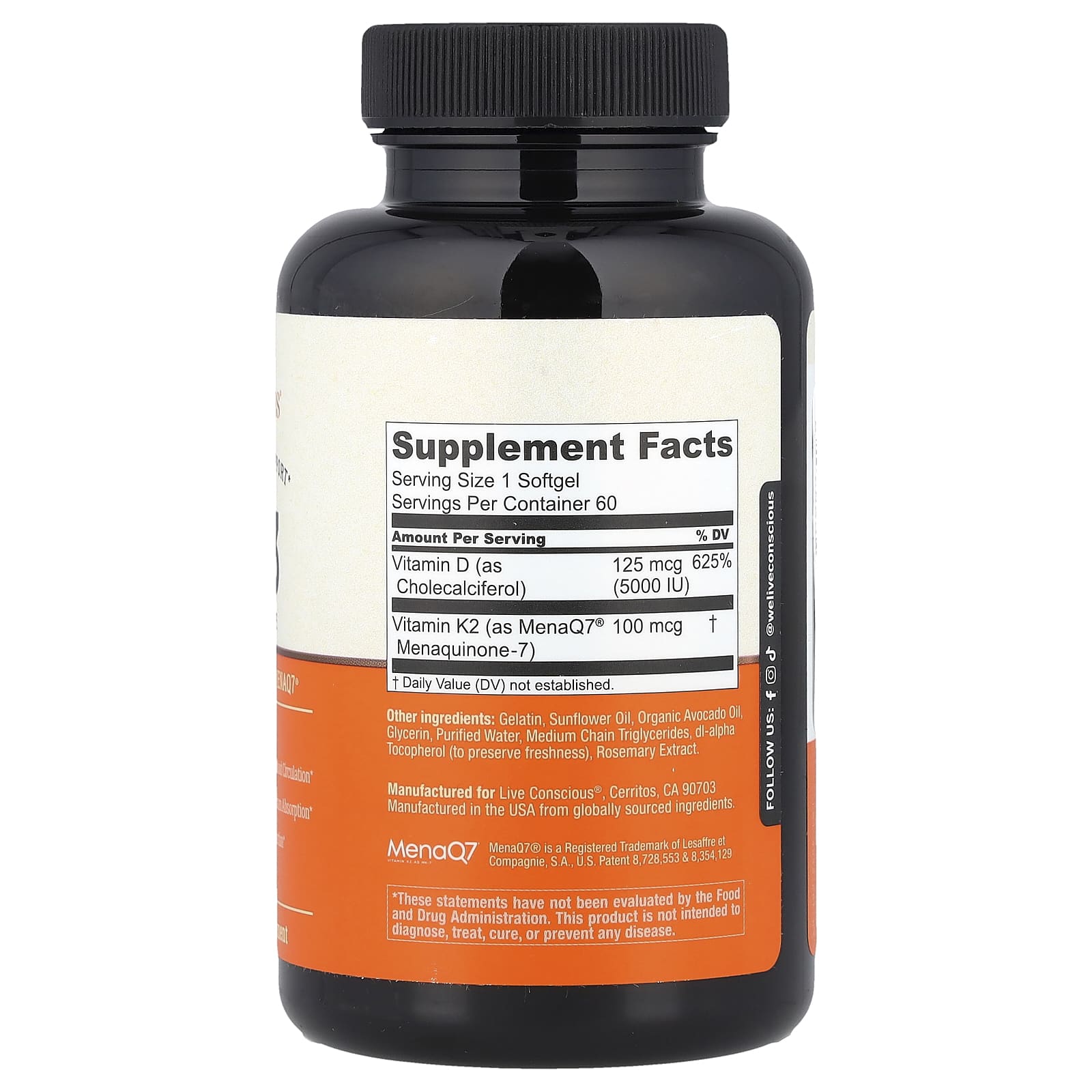 Live Conscious, K2+D3, 60 Softgels