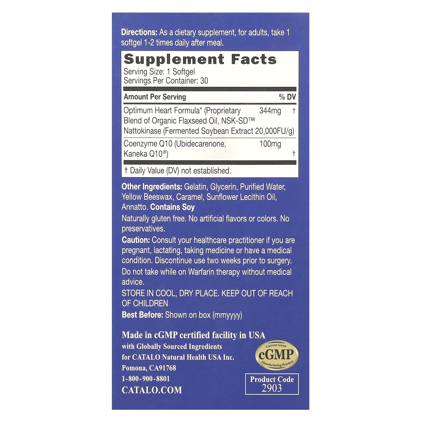 CATALO, Extra CoQ10, Heart Formula with Nattokinase & Flaxseed Oil, 30 Softgels