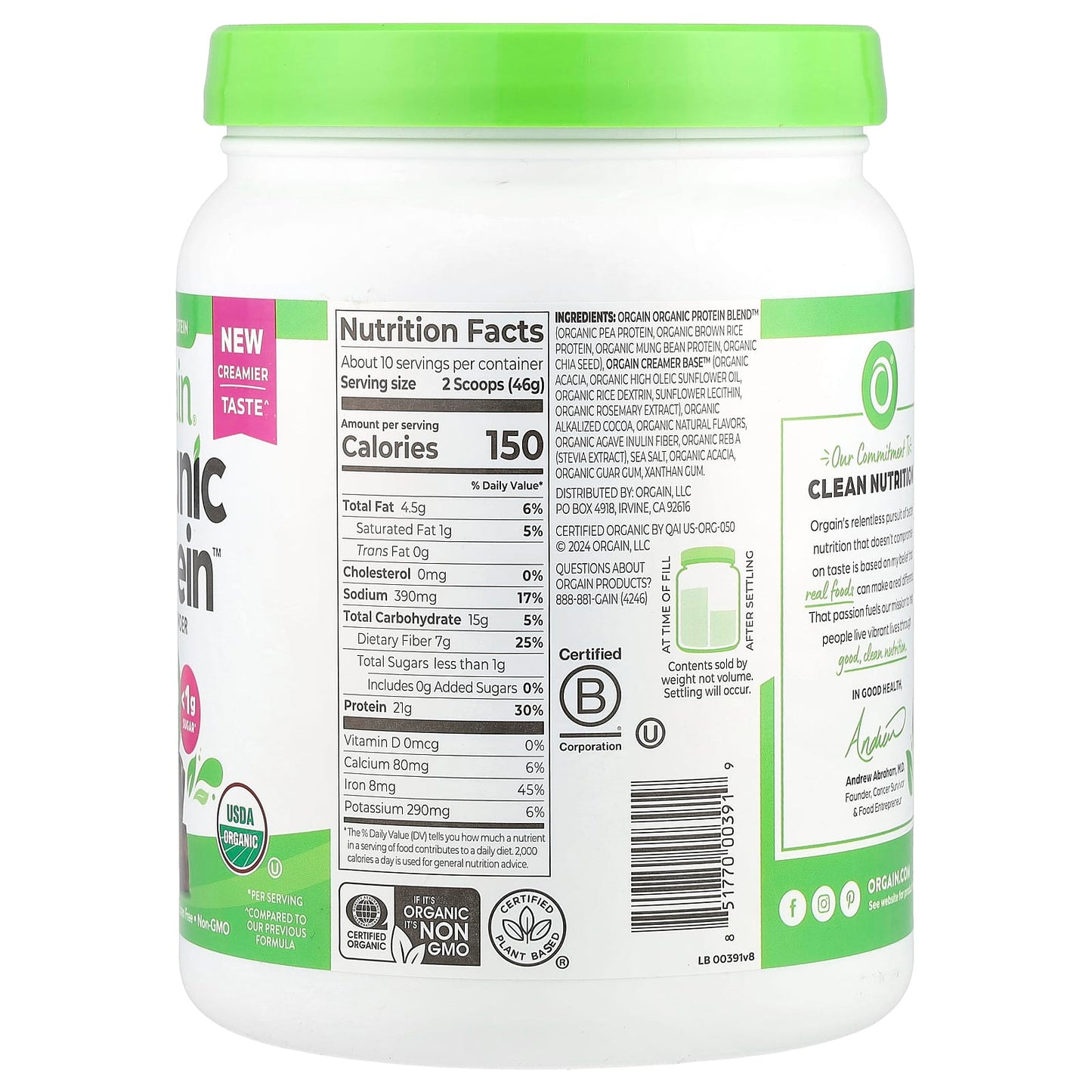 Orgain, Organic Protein™ Powder, Creamy Chocolate Fudge, 1.02 lb (462 g) - Image 2