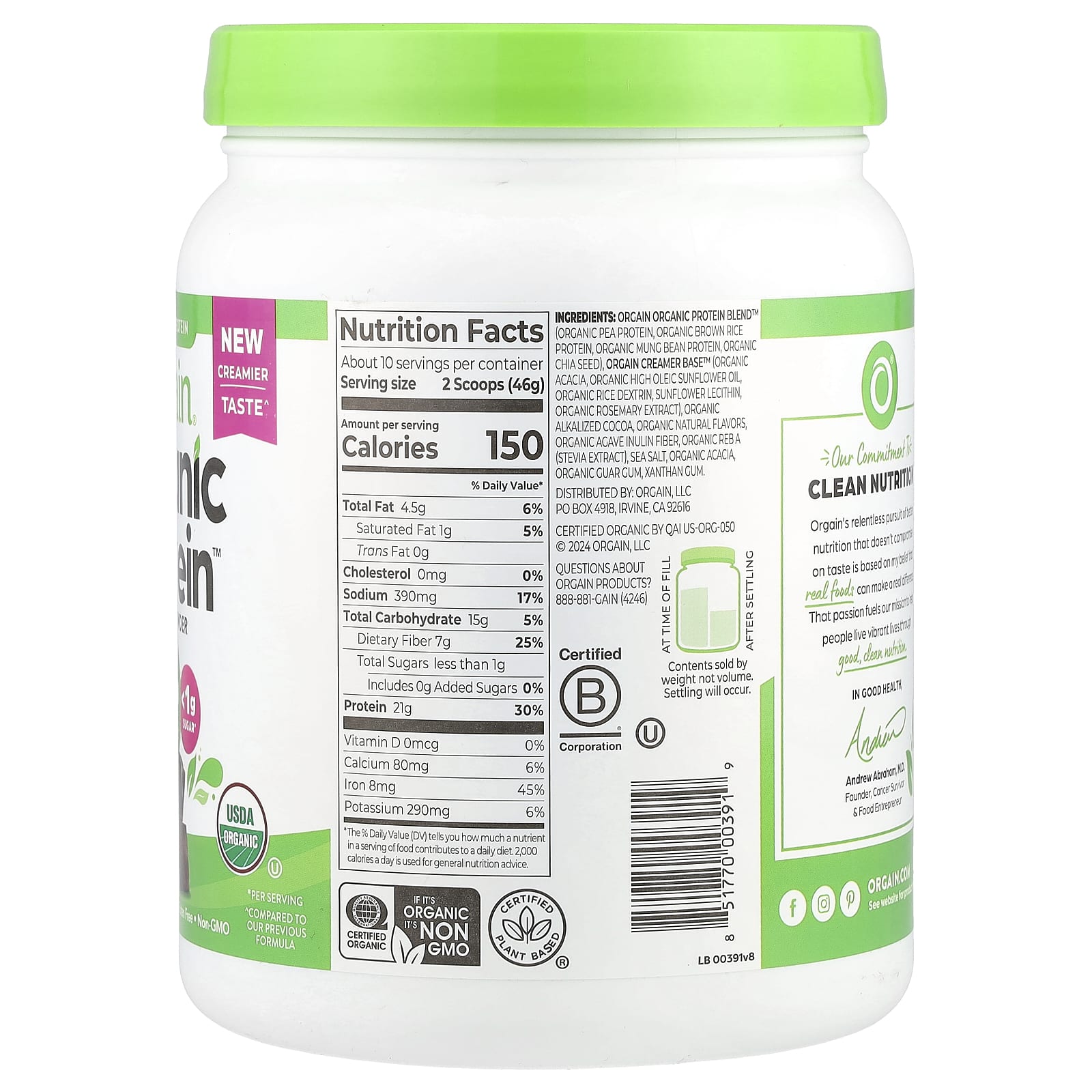 Orgain, Organic Protein™ Powder, Creamy Chocolate Fudge, 1.02 lb (462 g) - Image 2