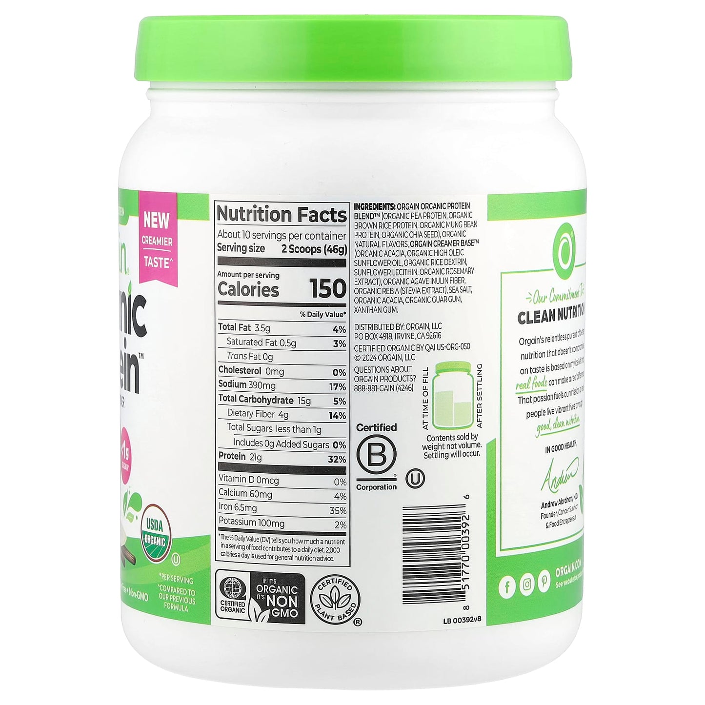 Orgain, Organic Protein™ Powder, Plant Based, Vanilla Bean, 1.02 lbs (462 g) - Image 2