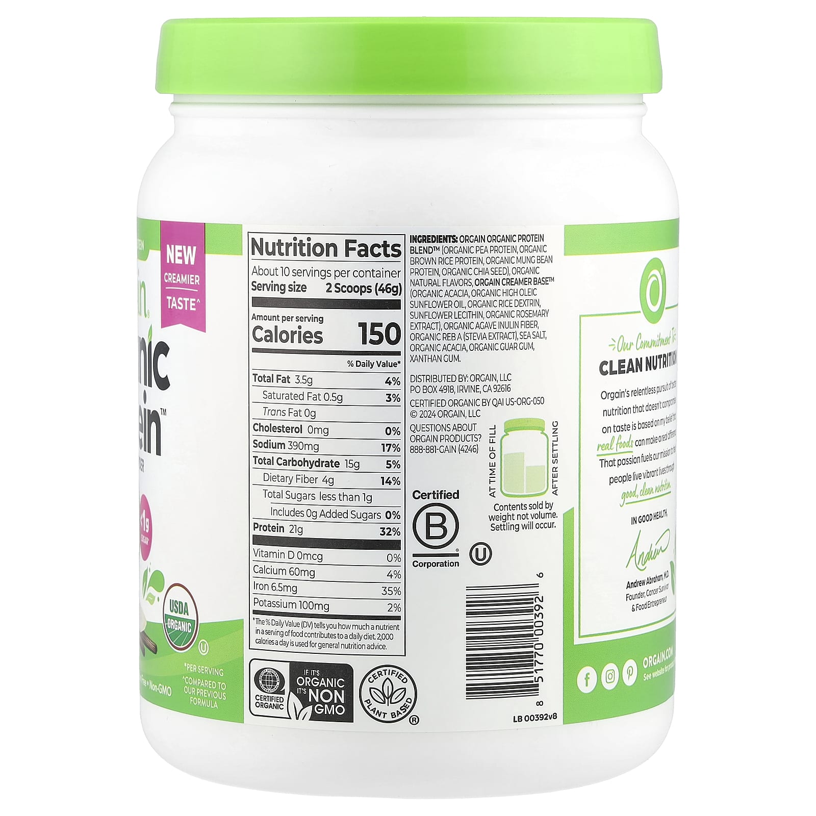 Orgain, Organic Protein™ Powder, Plant Based, Vanilla Bean, 1.02 lbs (462 g) - Image 2