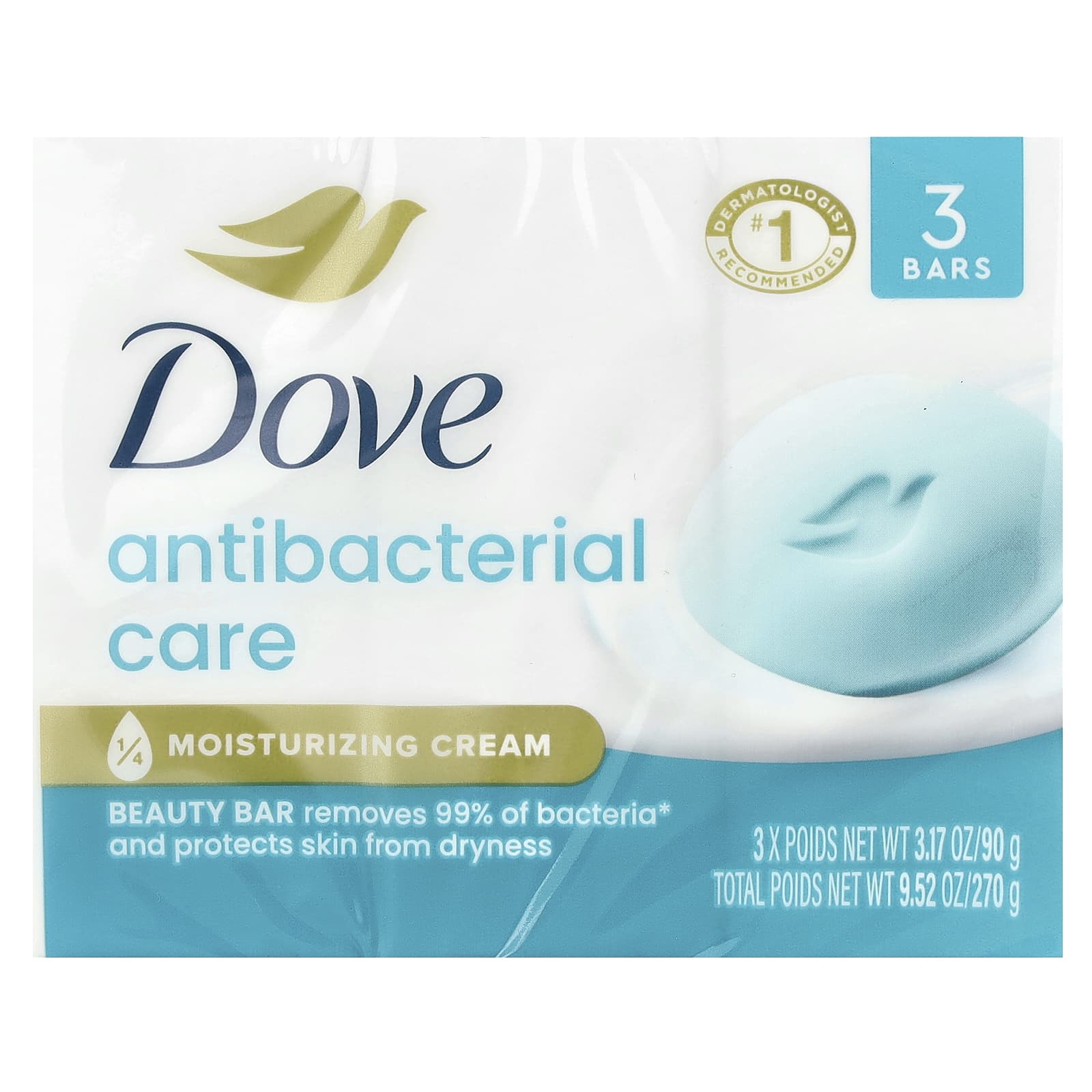 Dove Antibacterial Beauty Bar Soap, 3 Bars, Moisturizing & Gentle - Image 2