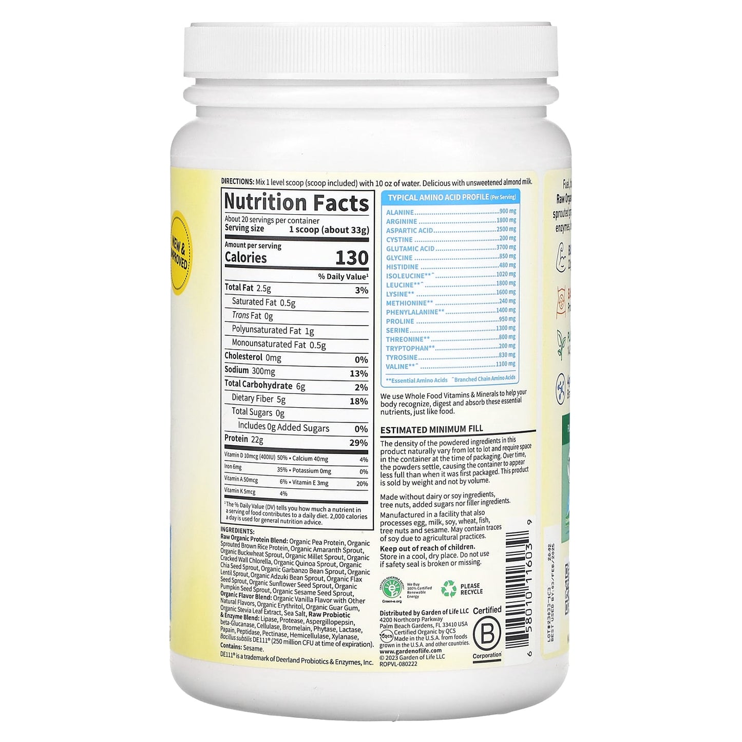 Garden of Life RAW Organic Protein, Vanilla, 1 lb (660g) - Image 2