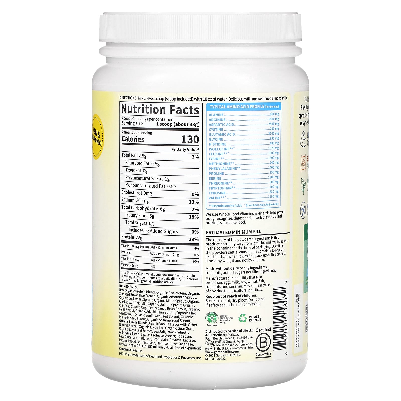 Garden of Life RAW Organic Protein, Vanilla, 1 lb (660g) - Image 2