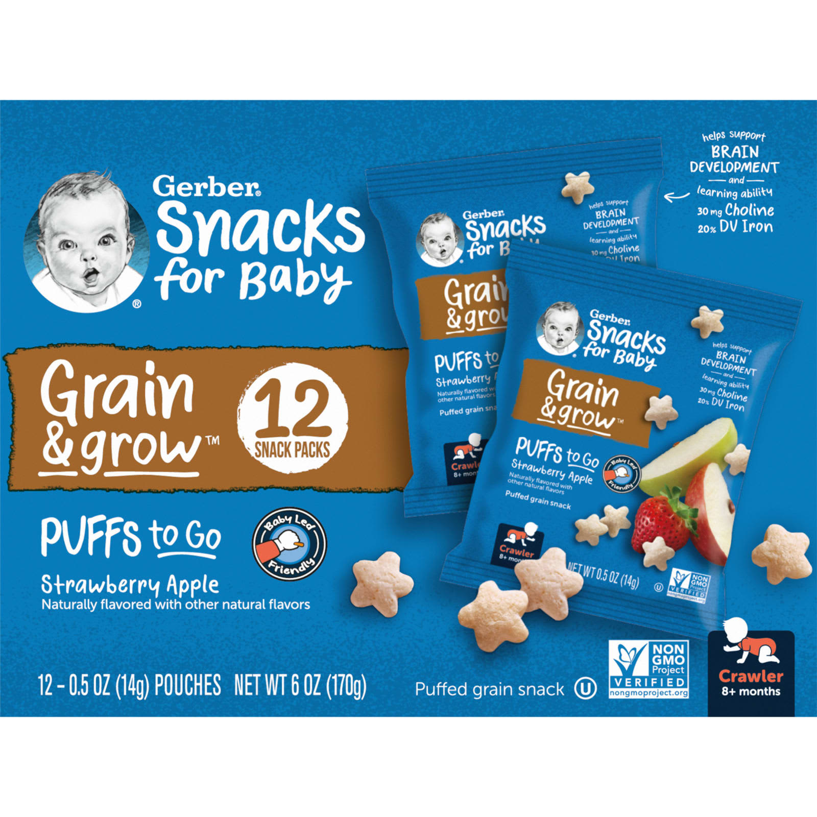 Gerber Grain & Grow Puffs for Babies - 8+ Months, 12 Snack Packs - Image 1