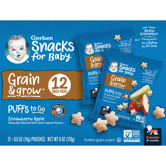 Gerber Grain & Grow Puffs for Babies - 8+ Months, 12 Snack Packs - Image 1