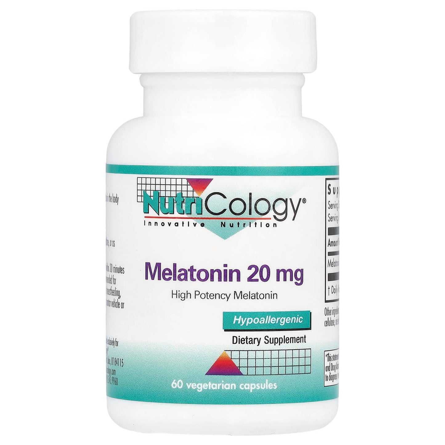 Nutricology, Melatonin, High Potency, 20 mg, 60 Vegetarian Capsules - Image 1