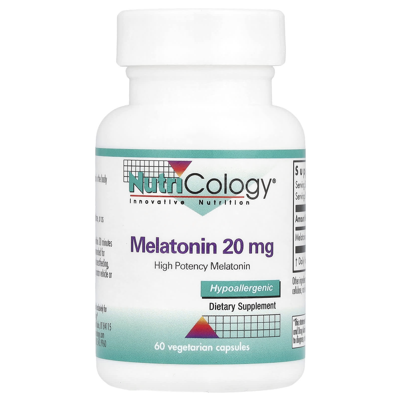 Nutricology, Melatonin, High Potency, 20 mg, 60 Vegetarian Capsules - Image 1