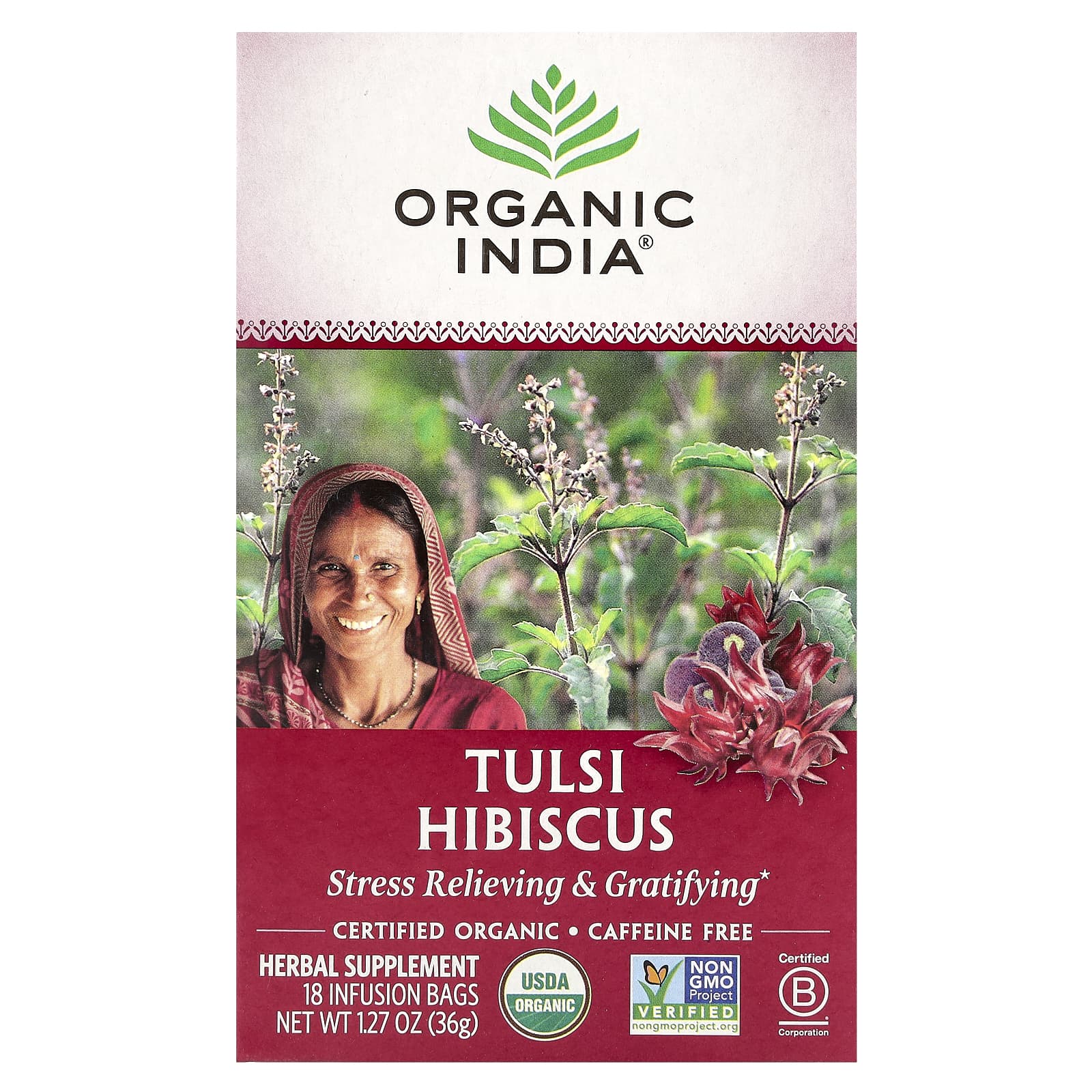 Organic India, Tulsi Hibiscus Tea, Caffeine-Free, 18 Infusion Bags, 1.27 oz (36 g) - Image 1