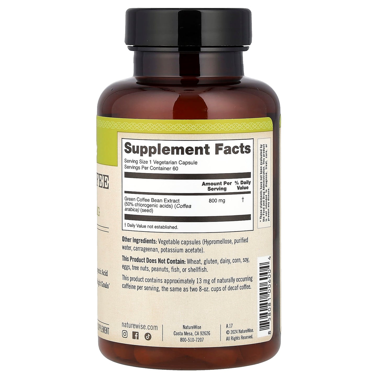 NatureWise, Green Coffee Bean Extract , 800 mg, 60 Vegetarian Capsules - Image 2