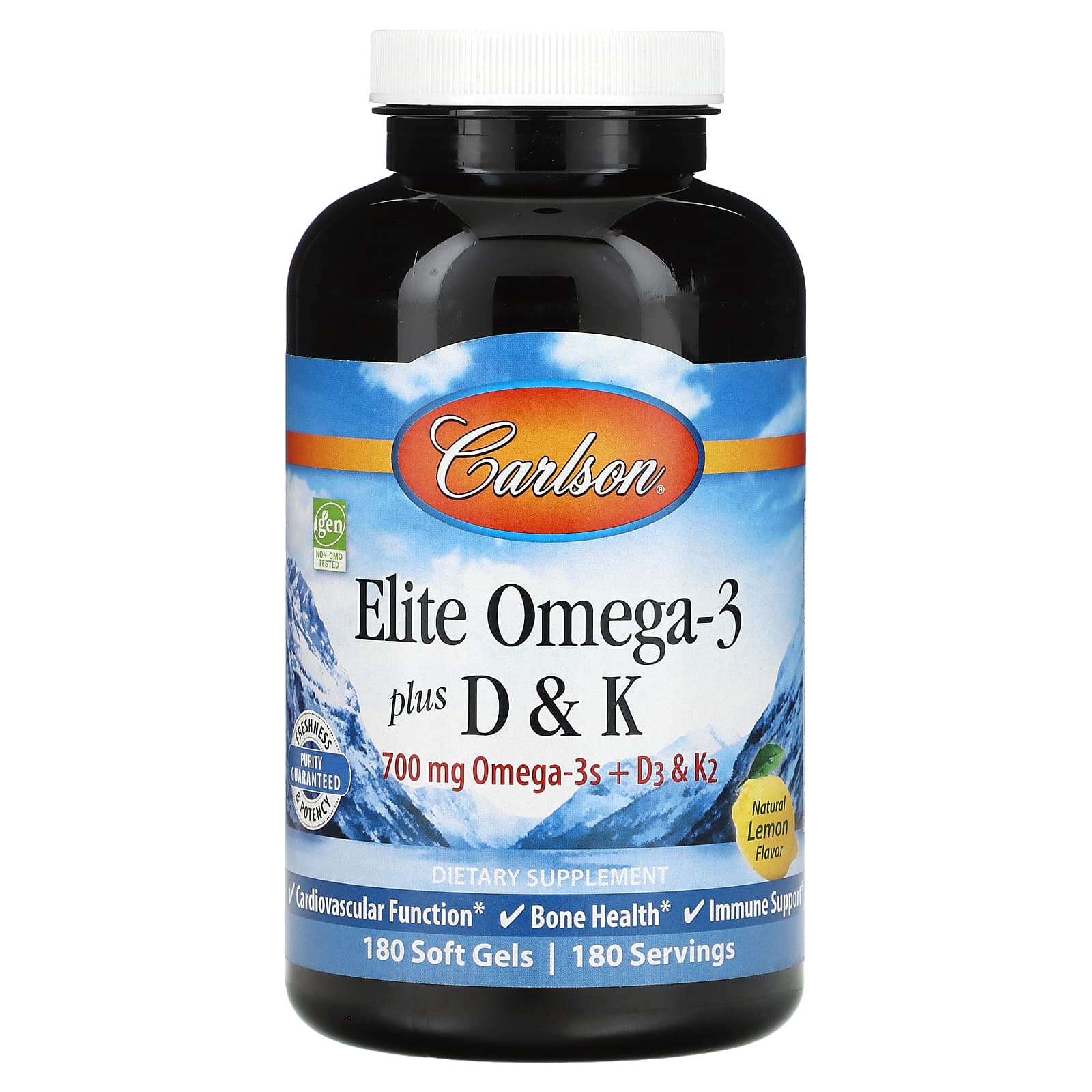 Carlson Omega-3 Plus D & K Supplements - Natural Lemon Flavor, 180 Soft Gels - Image 1